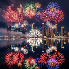 Fireworks Display Over City Skyline Reflected in Water at Night