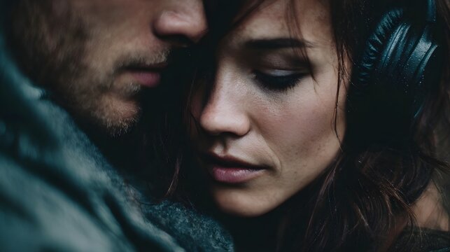 Intimate couple sharing headphones listening to music together in a close embrace