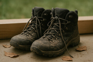 Worn hiking boots with laces on outdoor porch, dusty footwear for trekking adventure and nature exploration