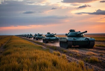 Fototapeta premium A column of tanks rolls across a vast, flat field , warfare, military equipment