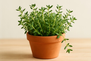 Fototapeta premium Fresh green thyme herb growing in small terracotta pot on wooden table, homegrown plant in natural indoor environment
