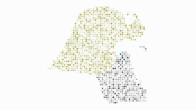 Kuwait animated country shape. Pulsating colored dots on the map of the country. Small size circle blocks. Digital style Kuwait map on white background. Amazing animation video.