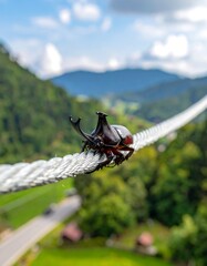 A dark beetle with impressive horns sits on a taught, white rope