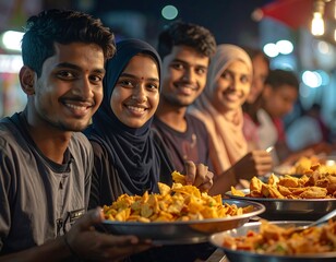 Muslim Friends Laughing at Street Food Stall