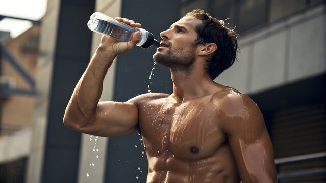 Man Sipping Water After Workout, Confident Natural Body. Man sipping water post-workout, droplets on chin, body defined yet natural—confident and authentic.