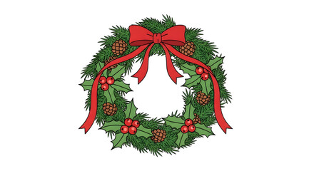 Festive Holiday Wreath with Bow Holly and Pinecones