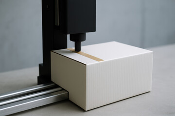 Automated machine sealing cardboard package with adhesive on conveyor in modern warehouse logistics center