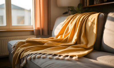 Cozy golden throw blanket with tassels draped over a sofa near a sunlit window