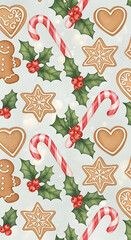 Festive Holiday Pattern with Gingerbread Cookies and Candy Canes
