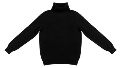 Plain black knit long sleeve garment with a high neck is isolated on a dark background.