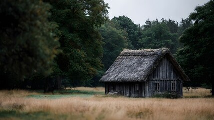 Fototapeta premium Rustic wooden cottage with thatched roof nestled in a natural countryside landscape