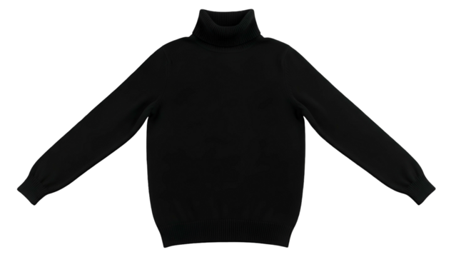 Plain black knit long sleeve garment with a high neck is isolated on a dark background.