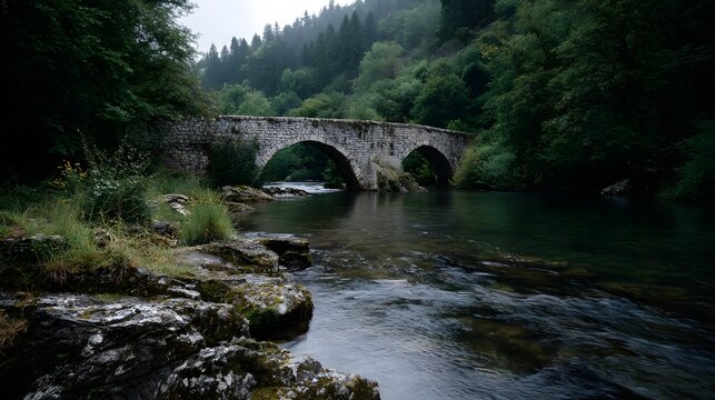 An ancient stone bridge with multiple arches spans a clear flowing river amidst a dense green forest
