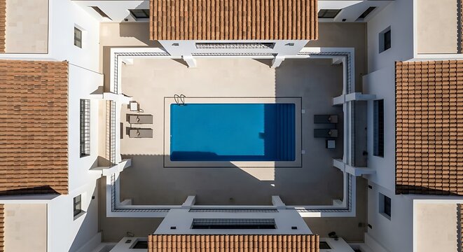 Fototapeta A drone shot looking straight down on a modern Spanish villa with a central courtyard and blue-tiled pool, symmetrical architecture