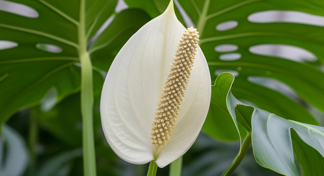 Elegant White Peace Lily Bloom with Prominent Spadix.