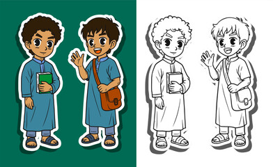 Happy school boys with books and satchel sticker set