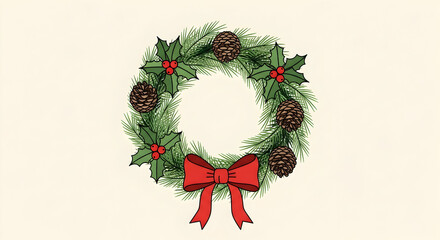 Festive Christmas Wreath with Evergreen Branches and Red Bow Decoration