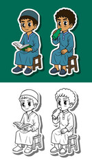 Cartoon muslim boys sticker set reading and drinking activities 