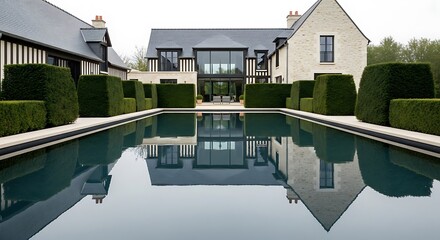 A geometric reflecting pool perfectly mirroring the clean lines of a modern French country home, surrounded by manicured boxwood hedges