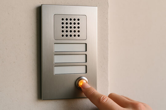 Person pressing illuminated button on modern metallic intercom system panel mounted on indoor wall for building access
