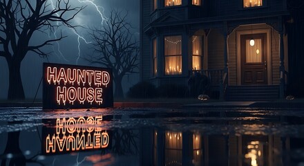A Halloween house on a rainy night, water streams down the windows, reflecting the glow of interior candles, neon  haunted house sign