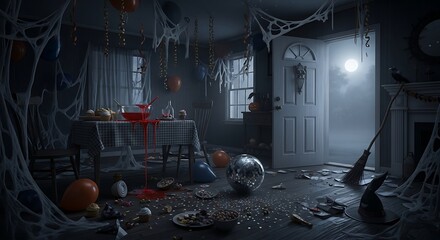 A Halloween party house the moment after a catastrophe, decorations are torn and scattered, a smashed punch bowl oozes red liquid