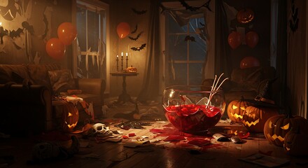 A Halloween party house the moment after a catastrophe, decorations are torn and scattered, a smashed punch bowl oozes red liquid