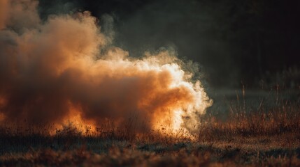 Fototapeta premium Smoke and Fire in a Field at Sunset Creating a Dramatic and Atmospheric Scene with Warm Tones and Natural Elements in the Background