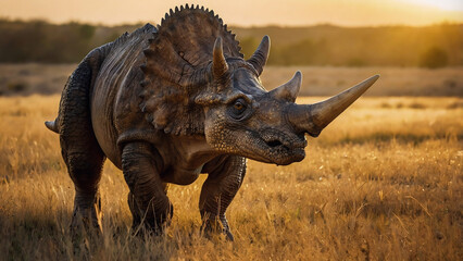 Fototapeta premium Nature photograph of a huge Triceratops grazing peacefully in an open prehistoric grassland at golden hour. Dust motes visible in the soft, warm, backlighting, showing the incredible detail in its lar