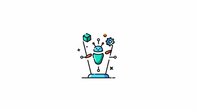Flat design icon of a robot with gears and a cube illustration