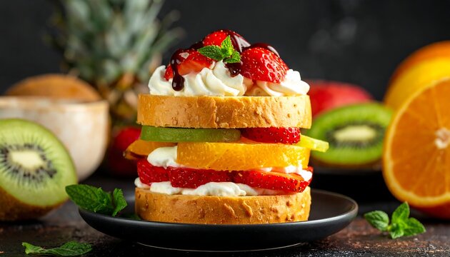 A stacked fruit sandwich with whipped cream and a dark chocolate drizzle