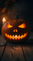Carved Pumpkin Glowing on Wooden Table for Spooky Holiday