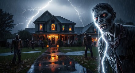 A heavy thunderstorm soaks a zombie-decorated house. Halloween theme. Rain drips off a zombie's face, lightning flashes to illuminate the scene