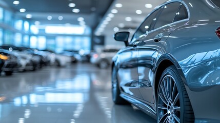 Sleek car in an elegant showroom environment.