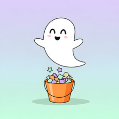 Cute Ghost with Bucket of Candy Vector Illustration