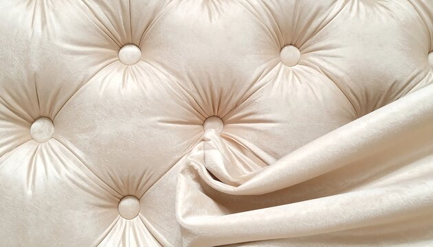 A close-up of an off-white, tufted textile with a draped corner