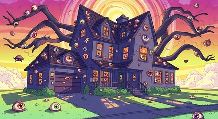 A house at the end of a cul-de-sac that is a portal to a nightmare dimension, the colors are inverted and hypersaturated