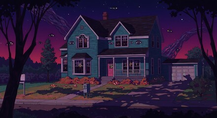 A house at the end of a cul-de-sac that is a portal to a nightmare dimension, the colors are inverted and hypersaturated