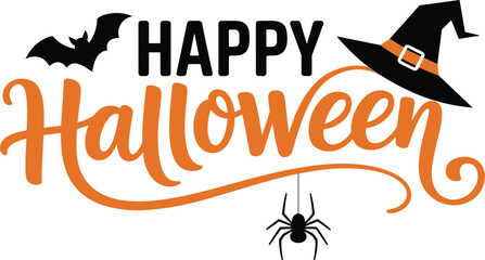 Happy Halloween graphic, spooky bat silhouette, orange cursive text, witch hat, hanging spider, festive design, seasonal greeting, holiday decoration, October theme