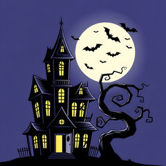 Haunted House Silhouette with Bats and Moon Halloween Night