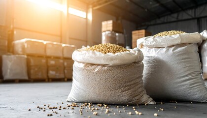 A bright warehouse interior, showing bags filled with dry grains