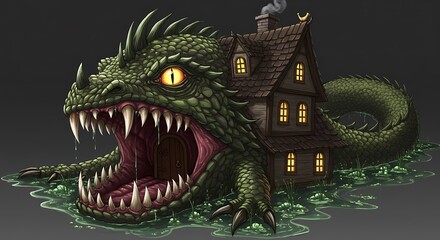 A house imagined as a legendary monster, the roof is a scaly back, the door is a mouth full of fangs, the windows are glowing eye