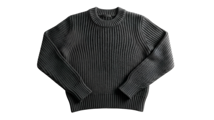 Dark gray knitted garment featuring prominent ribbing detail photographed against a solid black background