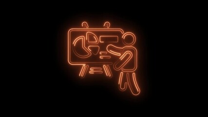Neon style presenter with business chart on board animated on dark background