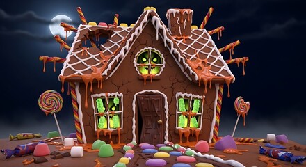 A house made entirely of candy and sweets for Halloween, gingerbread walls, licorice roof supports