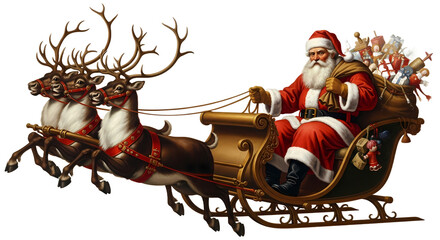 Santa Claus riding in his sleigh pulled by reindeer, carrying a sack of gifts.