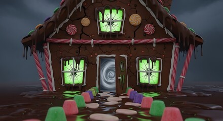 A house made entirely of candy and sweets for Halloween, gingerbread walls, licorice roof supports