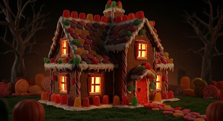 A house made entirely of candy and sweets for Halloween, gingerbread walls, licorice roof supports