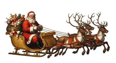Classic illustration of Santa Claus in his golden sleigh, pulled by four reindeer, carrying a sack full of toys, against a white background.