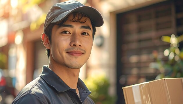 A young Asian man in a cap and uniform holds a cardboard box, smiling